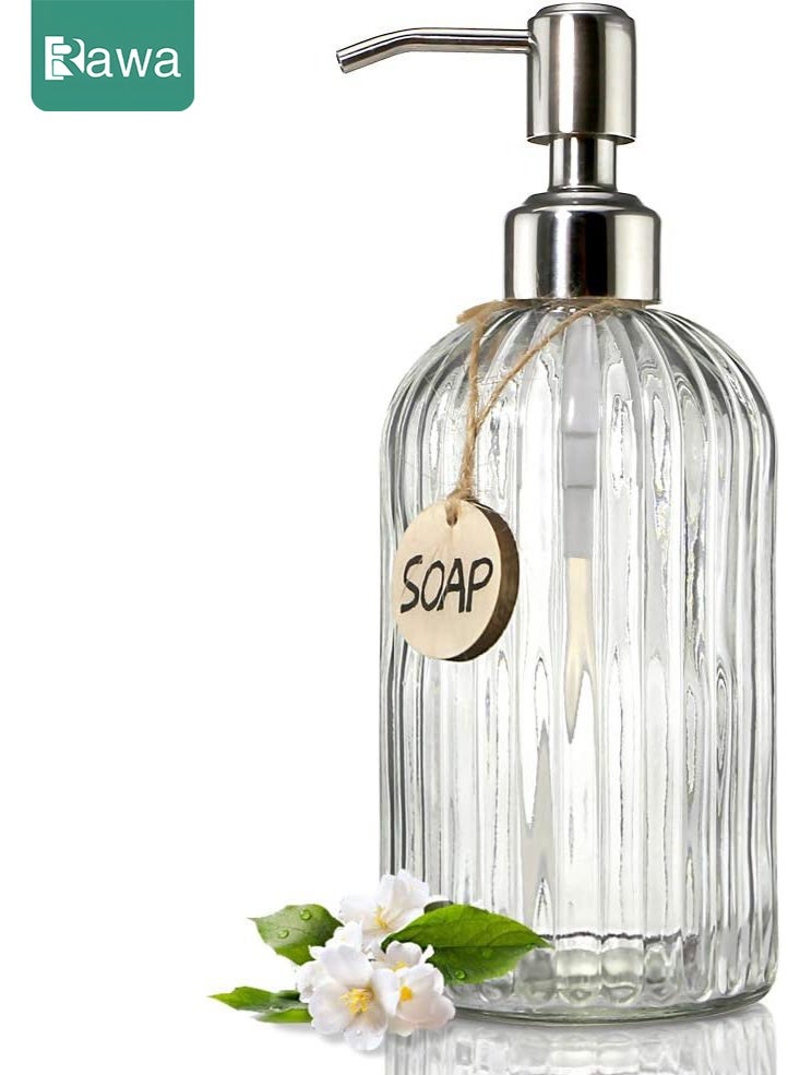 روعة زجاجة موزع صابون فاخرة قابلة لإعادة التعبئة — تتميز برأس مضخة متين من الفولاذ المقاوم للصدأ، وتصميم شفاف على شكل ماسي مع علامة خشبية مكتوبة بخط اليد. مناسب للشامبو، جل الاستحمام، صابون اليدين وغسول الجسم، هذا الموزع الذي يعمل بالضغط متين وخالٍ من الفثالات، مما يجعله مثاليًا للاستخدام في الحمامات والمطابخ والفنادق. - Image 1